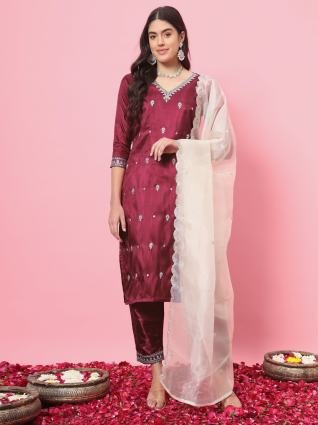Silk Blend Kurta and Trouser Set with Organza Dupatta