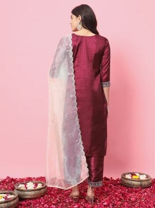 Silk Blend Kurta and Trouser Set with Organza Dupatta