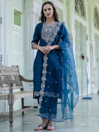 Silk Blend Kurta Set with Pant Dupatta Set