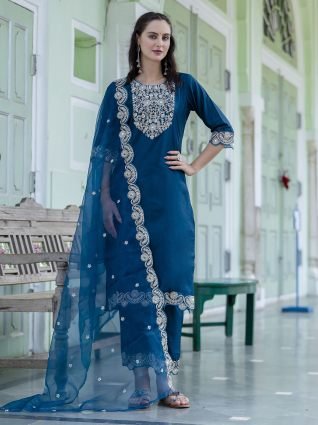 Silk Blend Kurta Set with Pant Dupatta Set