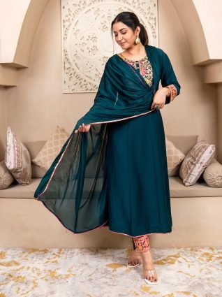 Stylish Anarkali Kurta Set Ready to Wear Soft Silk Fabric with Embroidered Dupatta Tailored Fit