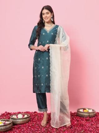 Teal Blue Embroidered Silk Blend Kurta Pant Set with Organza Dupatta