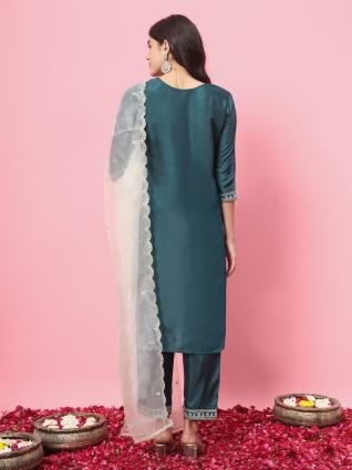 Teal Blue Embroidered Silk Blend Kurta Pant Set with Organza Dupatta