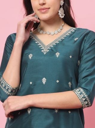 Teal Blue Embroidered Silk Blend Kurta Pant Set with Organza Dupatta