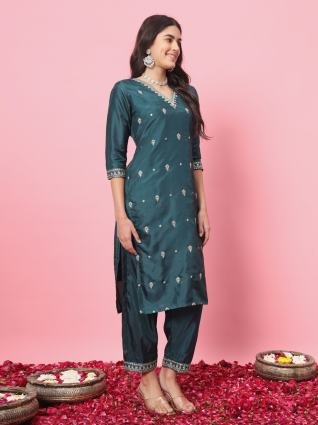 Teal Blue Embroidered Silk Blend Kurta Pant Set with Organza Dupatta