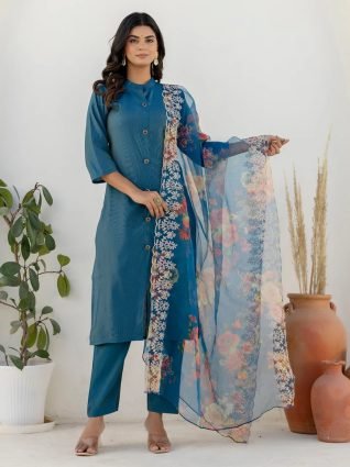  Teal Blue Silk Blend Women Ethnic Suit Sets