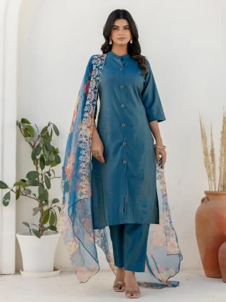 Teal Blue Silk Blend Women Ethnic Suit Sets
