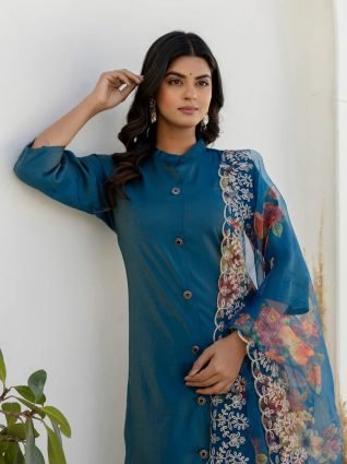 Teal Blue Silk Blend Women Ethnic Suit Sets