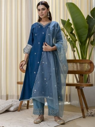 Teal Blue Straight Festive Kurta Set with Scalloped Border Dupatta