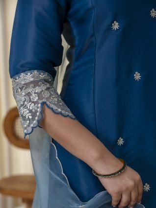 Teal Blue Straight Festive Kurta Set with Scalloped Border Dupatta