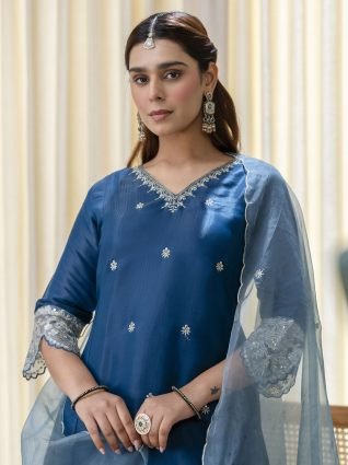 Teal Blue Straight Festive Kurta Set with Scalloped Border Dupatta