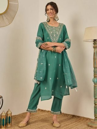 Teal Embroidered Silk Blend Straight Suit With Dupatta