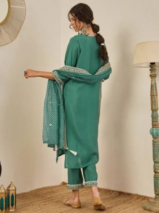 Teal Embroidered Silk Blend Straight Suit With Dupatta