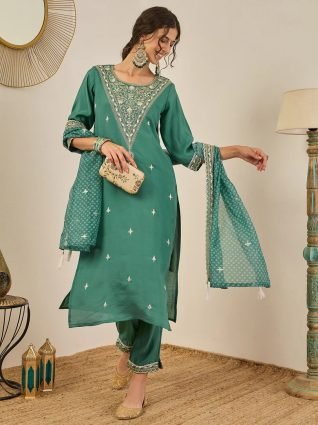 Teal Embroidered Silk Blend Straight Suit With Dupatta