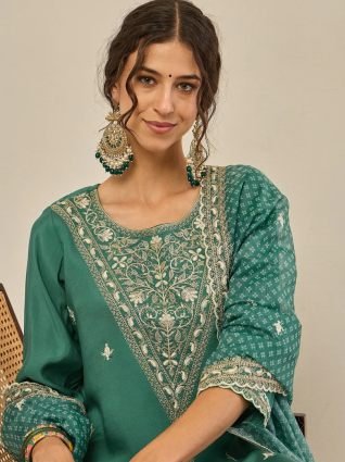 Teal Embroidered Silk Blend Straight Suit With Dupatta