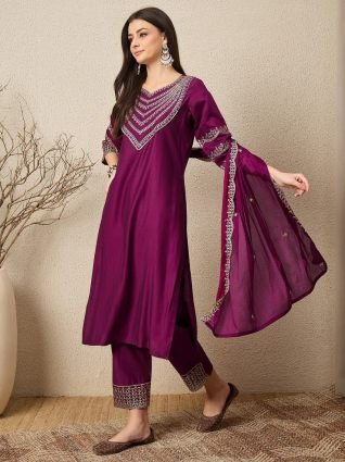 Teal Ethnic Motifs Embroidered Straight Kurta with Trousers   Dupatta