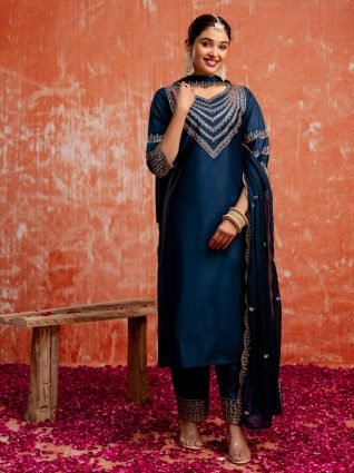 Teal Ethnic Motifs Embroidered Straight Kurta with Trousers   Dupatta