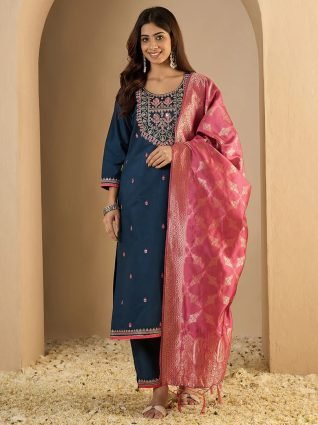  Teal Silk Blend Embroidered Straight Suit Set With Dupatta