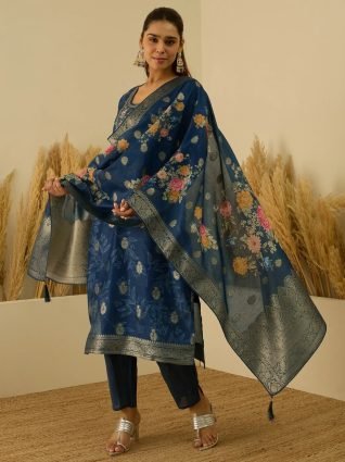 Teal Silk Blend Embroidered Straight Kurta Set with Trousers   Dupatta