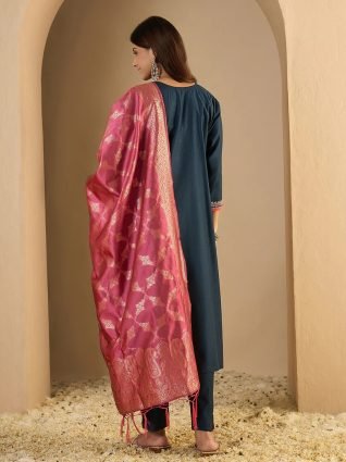 Teal Silk Blend Embroidered Straight Suit Set With Dupatta