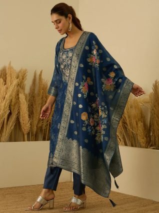 Teal Silk Blend Embroidered Straight Kurta Set with Trousers   Dupatta
