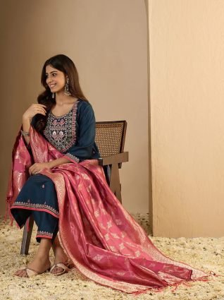 Teal Silk Blend Embroidered Straight Suit Set With Dupatta