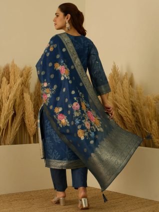 Teal Silk Blend Embroidered Straight Kurta Set with Trousers   Dupatta