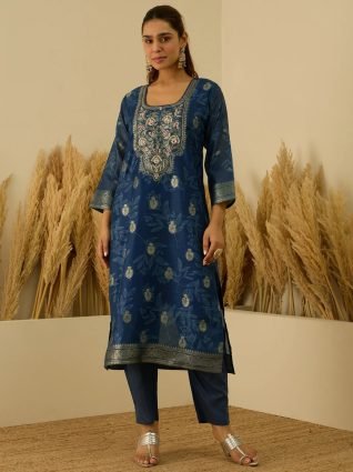 Teal Silk Blend Embroidered Straight Kurta Set with Trousers   Dupatta