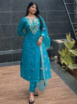 Teal Viscose Rayon Kurta with Trousers   Dupatta Suits
