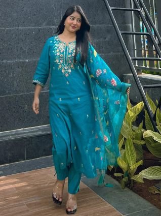 Teal Viscose Rayon Kurta with Trousers   Dupatta Suits