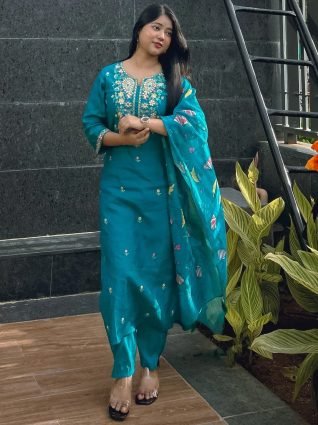 Teal Viscose Rayon Kurta with Trousers   Dupatta Suits