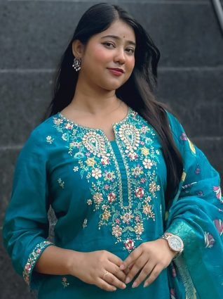 Teal Viscose Rayon Kurta with Trousers   Dupatta Suits