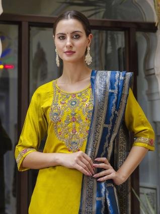 Viscose Rayon Embroidered Straight Kurta with Pant   Dupatta Set