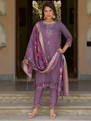 Viscose Roman Silk Calf Length Kurta Set Dupatta