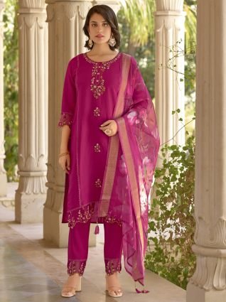 Viscose Roman Silk Calf Length Kurta Set Dupatta