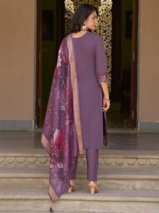 Viscose Roman Silk Calf Length Kurta Set Dupatta