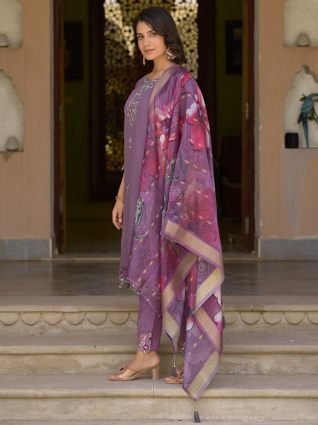 Viscose Roman Silk Calf Length Kurta Set Dupatta