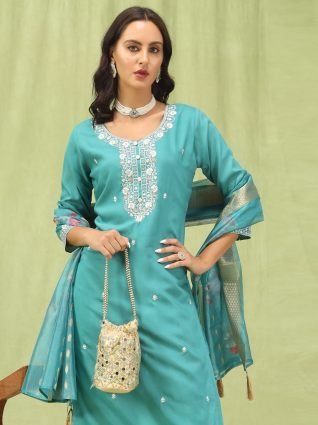 Viscose Roman Silk Embroidery Straight Kurta Pant with Organza Dupatta Set