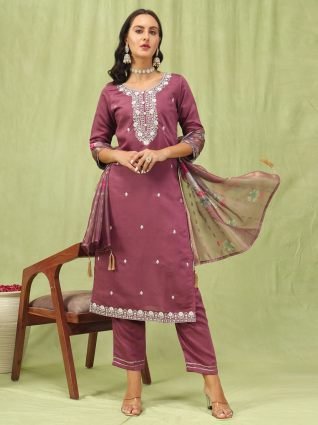 Viscose Roman Silk Embroidery Straight Kurta Pant with Organza Dupatta Set