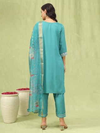 Viscose Roman Silk Embroidery Straight Kurta Pant with Organza Dupatta Set