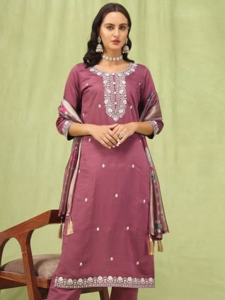 Viscose Roman Silk Embroidery Straight Kurta Pant with Organza Dupatta Set