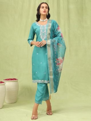 Viscose Roman Silk Embroidery Straight Kurta Pant with Organza Dupatta Set
