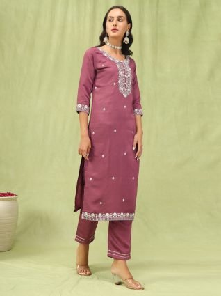 Viscose Roman Silk Embroidery Straight Kurta Pant with Organza Dupatta Set