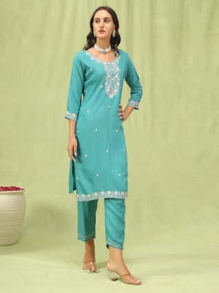 Viscose Roman Silk Embroidery Straight Kurta Pant with Organza Dupatta Set