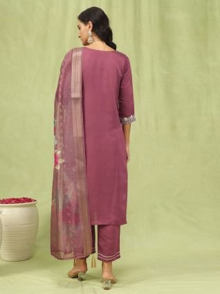 Viscose Roman Silk Embroidery Straight Kurta Pant with Organza Dupatta Set