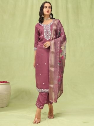 Viscose Roman Silk Embroidery Straight Kurta Pant with Organza Dupatta Set