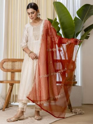 White   Red Festive Embroidered Yoke Straight Kurta Pant Set