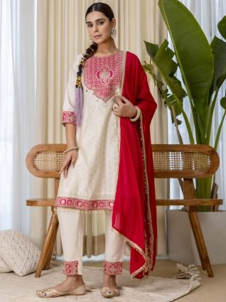White   Red Festive Embroidered Yoke Straight Kurta Pant Set