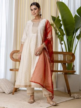 White   Red Festive Embroidered Yoke Straight Kurta Pant Set
