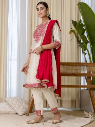 White   Red Festive Embroidered Yoke Straight Kurta Pant Set